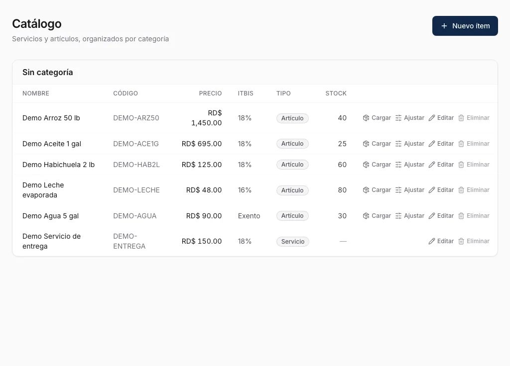 Listado del catálogo con botón de crear y columnas de precio/existencia