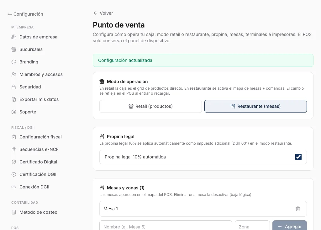 /settings/pos con selector Modo Retail / Restaurante y toggle de propina legal