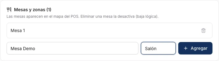 Formulario de alta de mesa con nombre y zona en /settings/pos