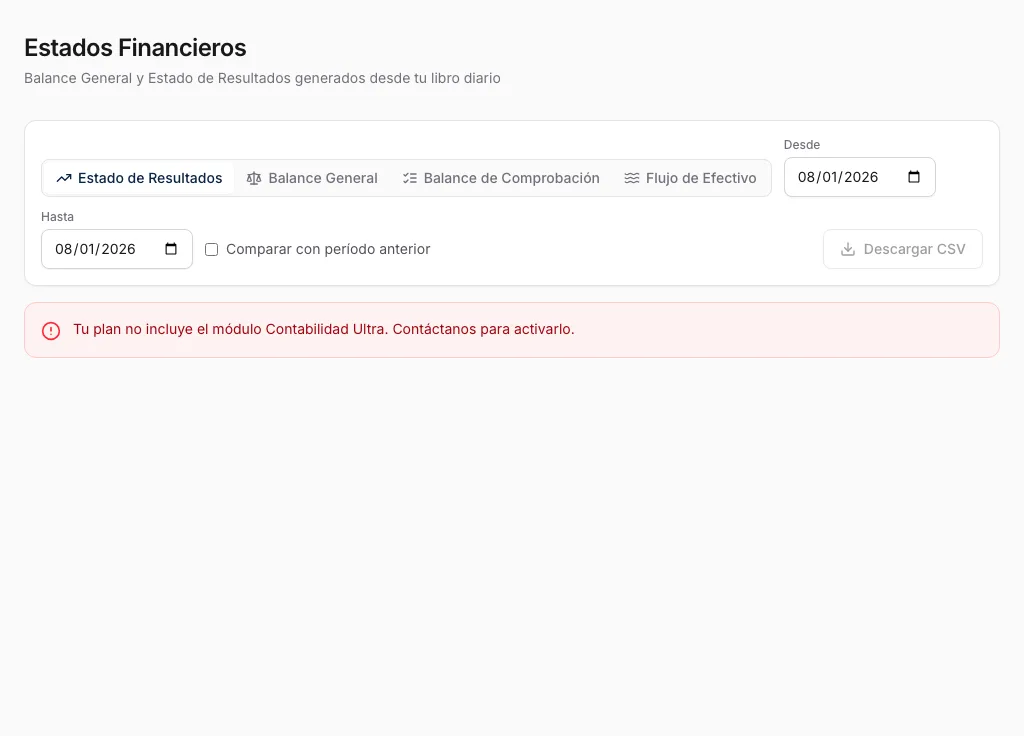 Estados financieros con selector de período y tablas de balance
