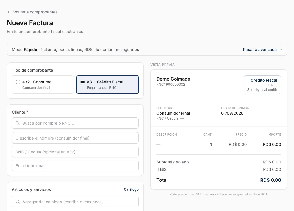 Factura rápida en /invoices/new con tipo e31 y campo de RNC del receptor