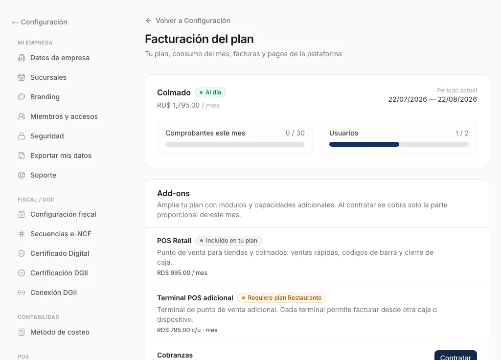 Sección de add-ons en settings/billing