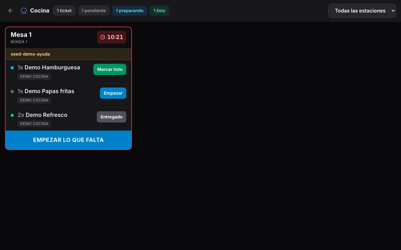Tarjeta de ticket KDS con cronómetro y botones de bump por línea