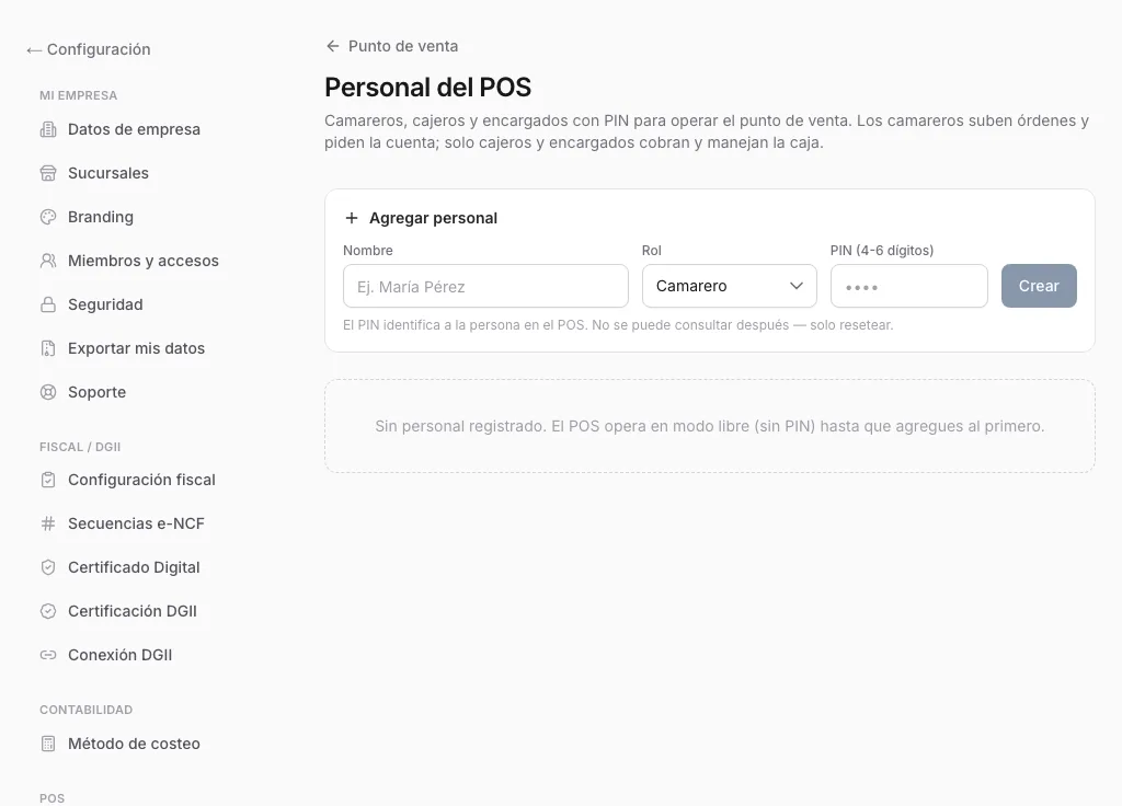 Lista de personal del POS con rol, estado y acciones