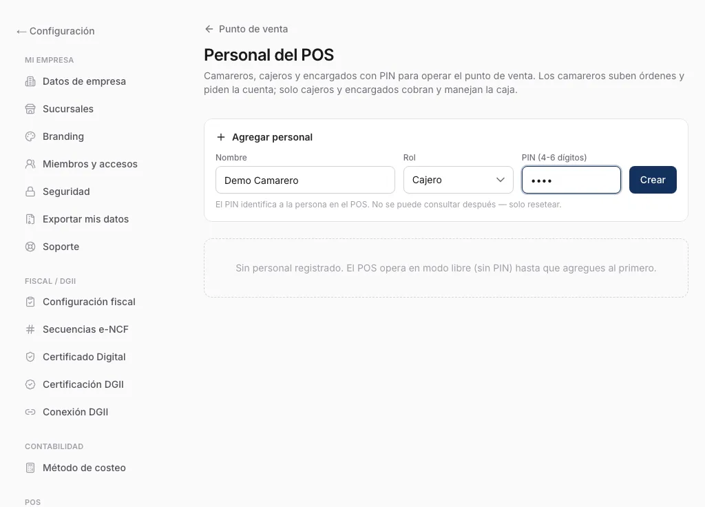 Formulario de alta con roles Camarero / Cajero / Encargado y campo PIN
