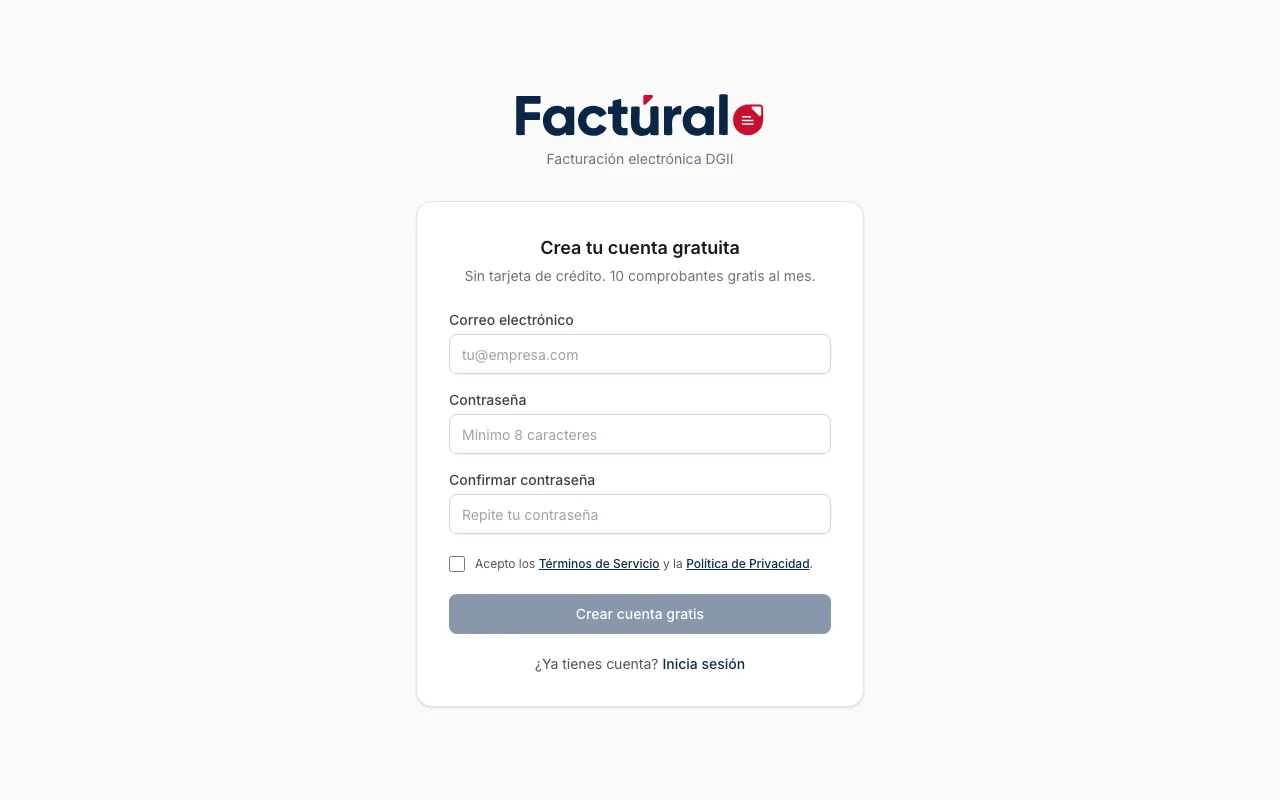Pantalla de registro (/register) con correo, contraseña y checkbox de términos