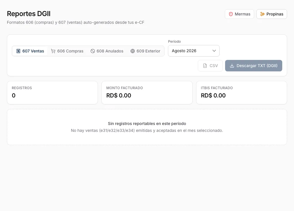 Reportes DGII con tabs 607/606/608/609 y botón Descargar TXT