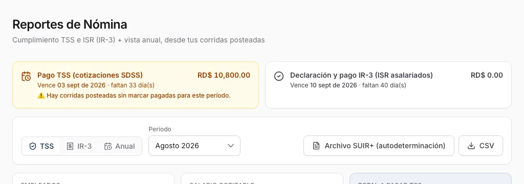 Botones de descarga de reportes TSS / IR-3 / SUIR